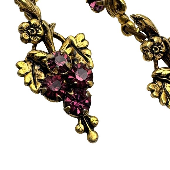 Avon Gold-Tone Dangle Drop Earrings Purple Rhinestones Grape Motif Vtg MCM - Picture 3 of 10